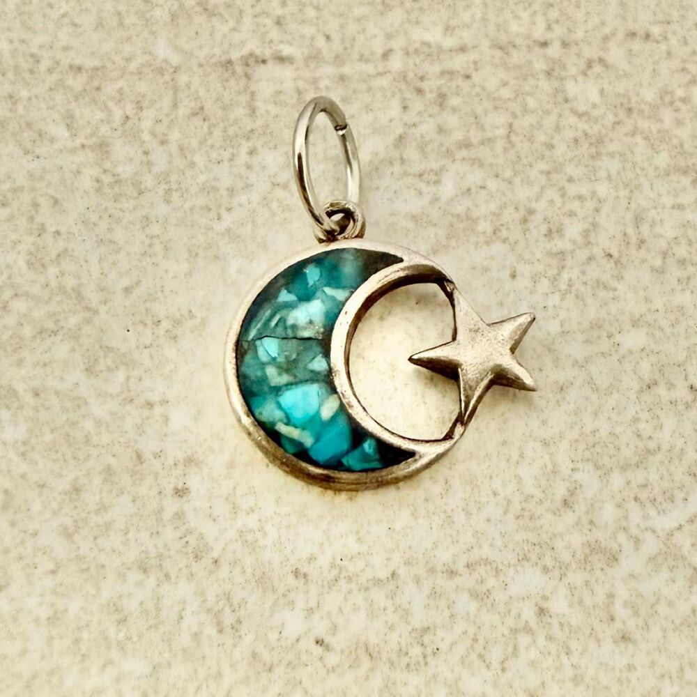 925 Sterling Silver Moon & Star Charm with Turquoise Inlay